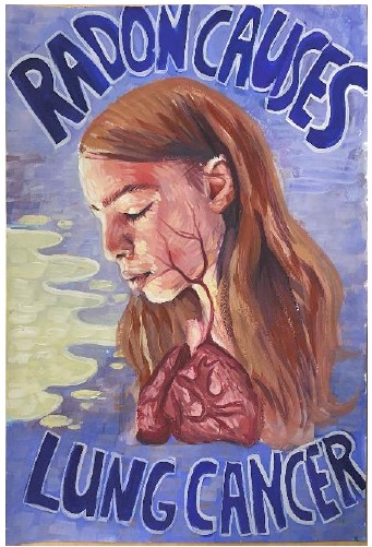 Artistic depiction of girl with lungs, Text reads "Radon Causes Lung Cancer"