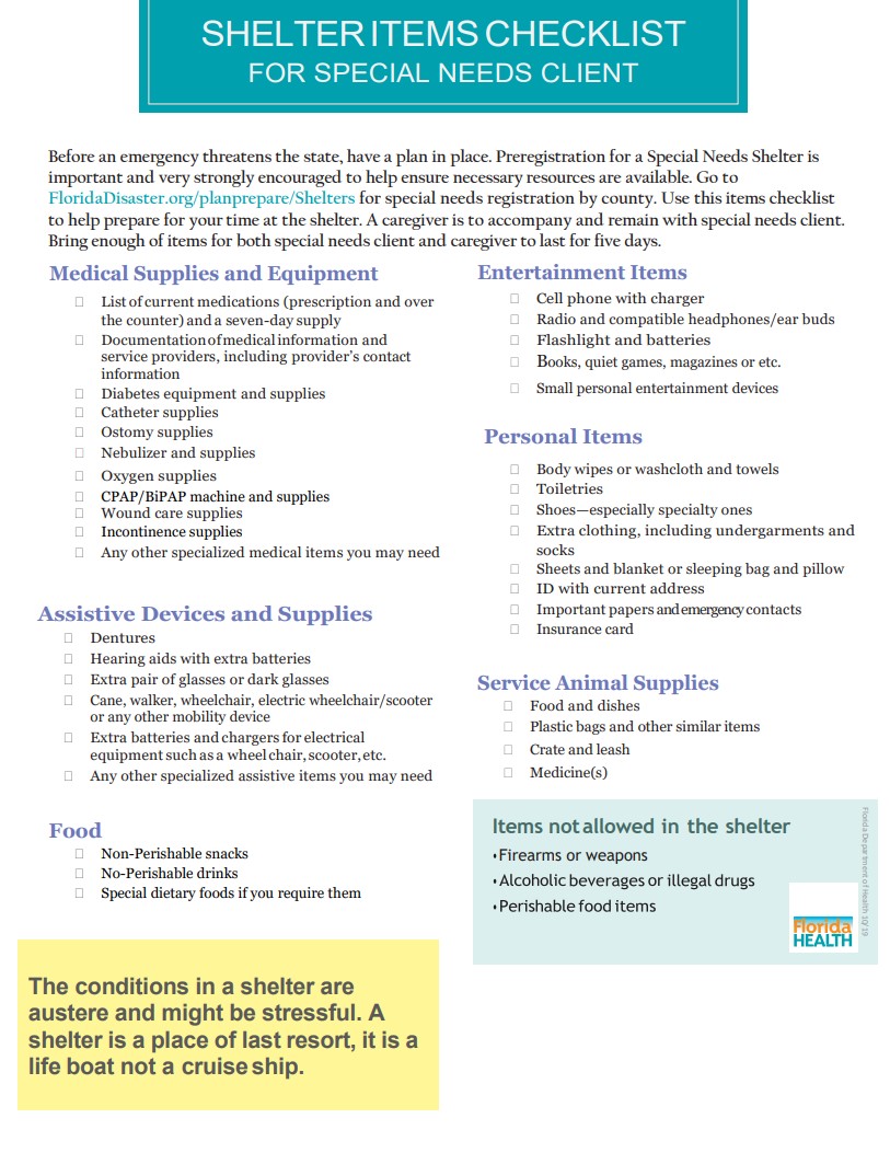 Shelter Items Checklist for Special needs client